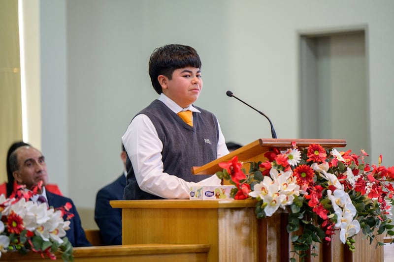 A young man gives a talk during the Colina Chile Stake conference in Santiago, Chile, on May 17, 2026.