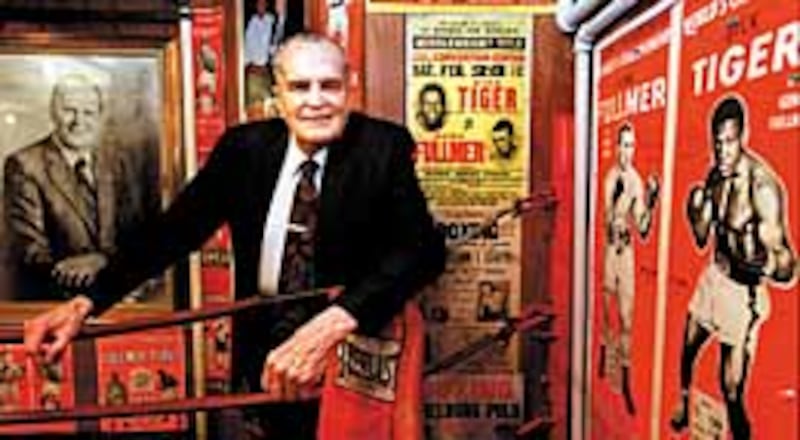 Former champion boxing manager Marv Jenson in his basement gym. February 23, 2001.