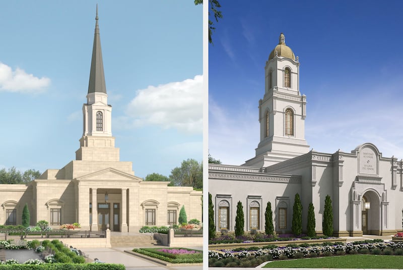 Exterior renderings of the Cincinnati Ohio Temple, left, and La Paz Bolivia Temple, right.