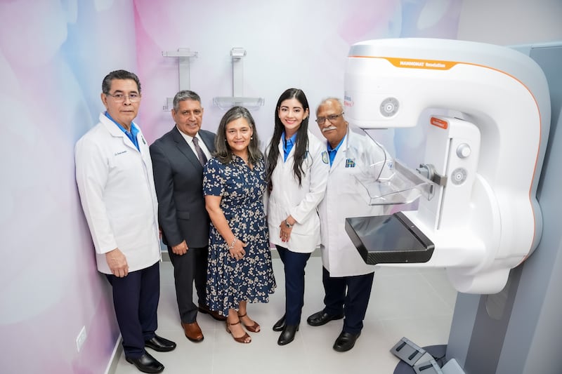 Two hospital officials at Carlos Roberto Huembes Teaching Hospital stand with Elder Patricio M. Giuffra and Sister María Eugenia Giuffra at the opening of the new women's clinic in Managua, Nicaragua, on Sept. 4, 2026.