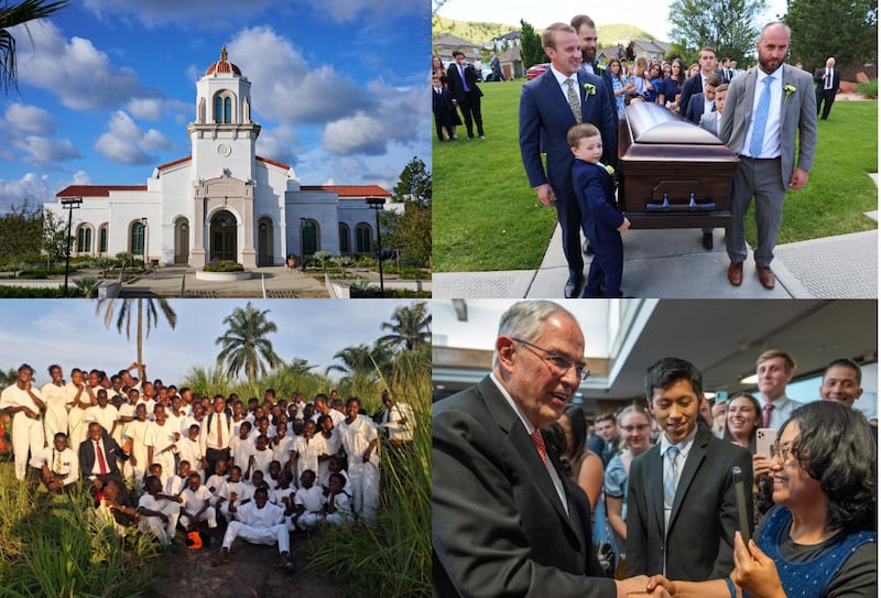 Clockwise from top left: The Yorba Linda California Temple; Elder W. Mark Bassett’s casket is carried by pallbearers at his funeral in North Salt Lake, Utah, on Tuesday, May 19, 2026; Elder Neil L. Andersen of the Quorum of the Twelve Apostles greets attendees following a young adult devotional in Placentia, California, on Saturday, May 16, 2026; Soon-to-be-baptized friends from the Mwene-Ditu Democratic Republic of the Congo Stake gather for a photo next to the Kasekeyi River on Dec. 20, 2025.