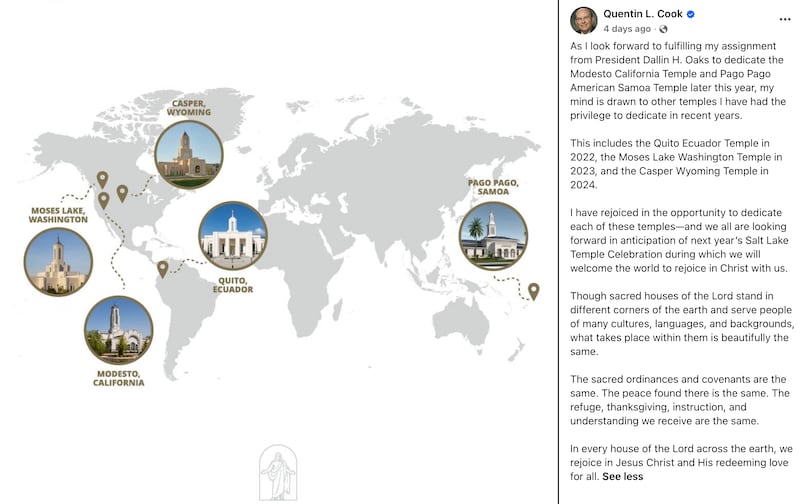 Temples that have been or will be dedicated by Elder Quentin L. Cook of the Quorum of the Twelve Apostles, in a graphic posted to his social media accounts on Sept. 21, 2026.