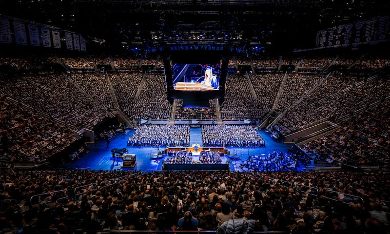 More than 7,000 BYU graduates and their friends and family fill the Marriott Center for commencement on Thursday, April 23, 2026.