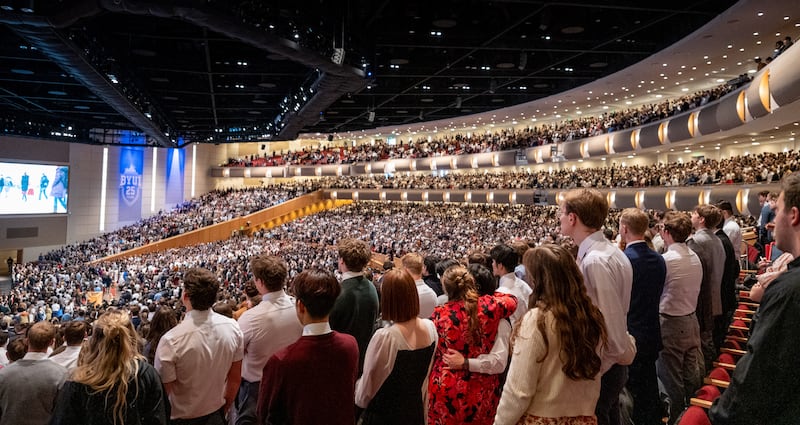 BYU–Idaho students gather at the BYU–I Center in Rexburg, Idaho, to listen to a devotional with Elder Neil L. Andersen of the Quorum of the Twelve Apostles on Sunday, Feb. 22, 2026.
