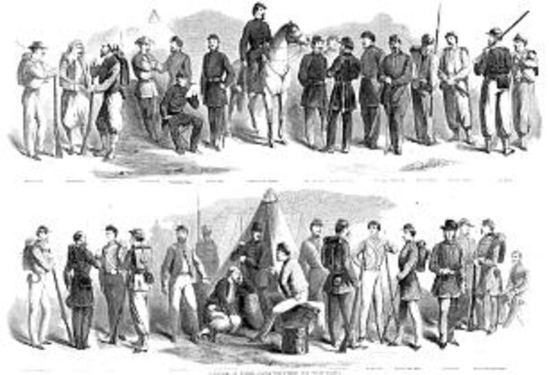 An image from an 1861 issue of Harper's Weekly shows men wearing Union Civil War uniforms.