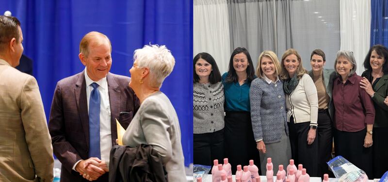 From left, Elder Gary E. Stevenson of the Quorum of the Twelve Apostles greets city leaders from around the country during the National League of Cities Summit at the Salt Palace Convention Center in Salt Lake City on Wednesday, Nov. 19, 2025; Members of the Relief Society general advisory council join the Relief Society general presidency to pose for a photo at a JustServe project at the National League of Cities summit in Salt Lake City on Thursday, Nov. 20, 2025.