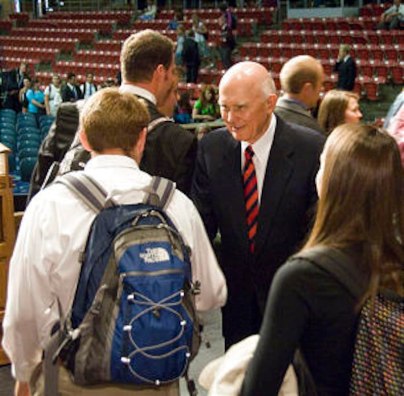 Students line up following the devotional to express appreciation to Elder Dallin H. Oaks.