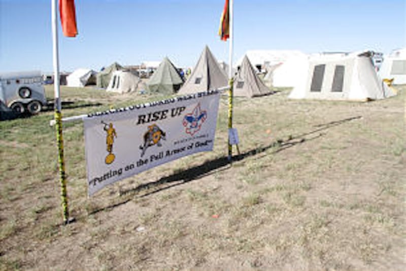 An Idaho stake displays its colors at the 2013 Rise Up Scout Camp in southeastern Idaho.