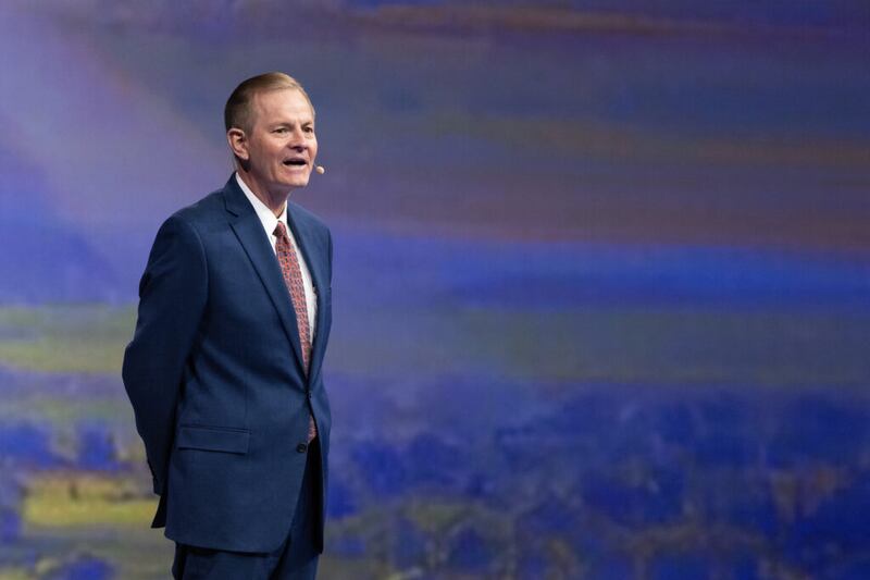 Elder Gary E. Stevenson of the Quorum of the Twelve Apostles speaks during the weekly campus devotional held in the Marriott Center on BYU campus on Tuesday, March 2, 2021.
