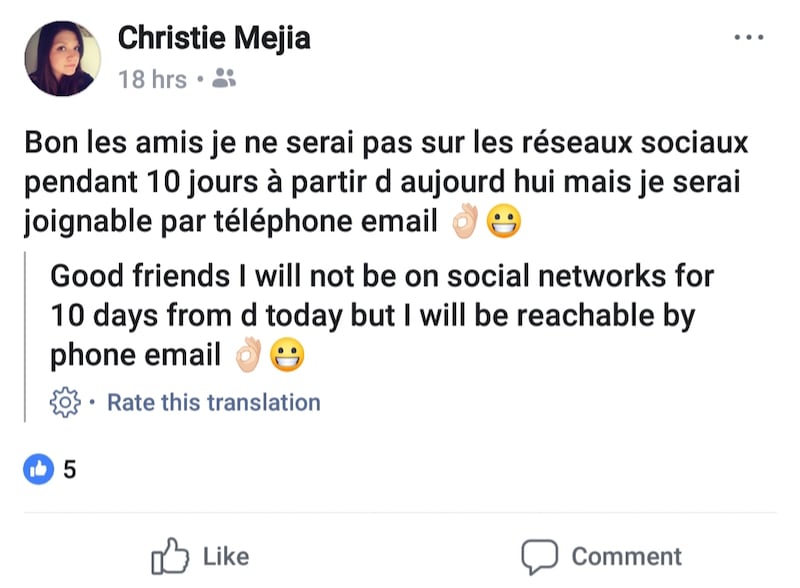 Christie Mejia's Facebook post.