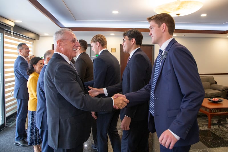 Elder Ulisses Soares of the Quorum of the Twelve Apostles greets missionaries from the México México City Northwest Mission in Mexico City, Mexico, on Aug. 29, 2026.