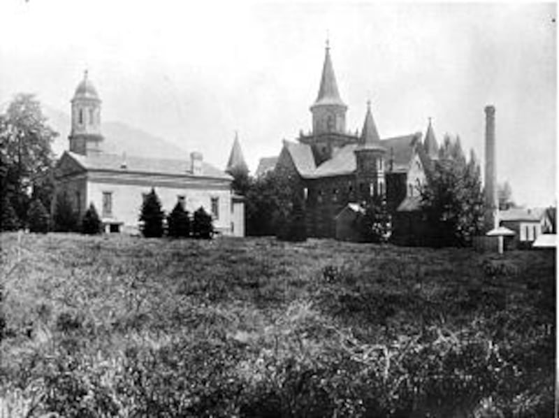 The original Provo Tabernacle, left, was built under the direction of Brigham Young and dedicated in