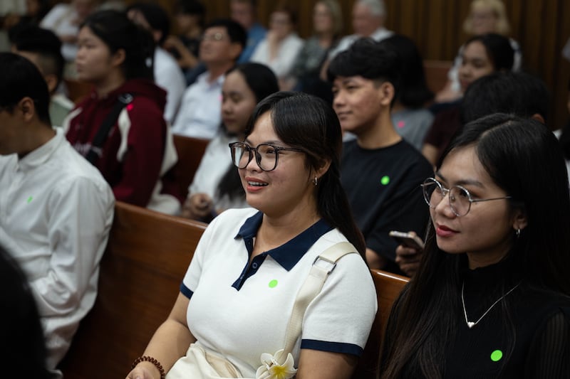Participants listen during the Asia Area education fair information session held at the Phnom Penh Cambodia East District Center, Oct. 18, 2025.