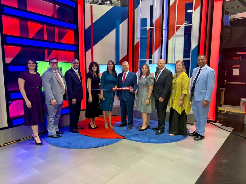 Third from the left, Elder Ahmad S. Corbitt, a General Authority Seventy and member of the Church's Caribbean Area presidency, and a delegation of Latter-day Saints visited TeleOnce TV as part of a visit to San Juan, Puerto Rico, on Aug. 28, 2026.