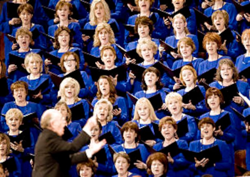 Mack Wilberg conducts the Mormon Tabernacle Choir during general conference on Sunday morning.