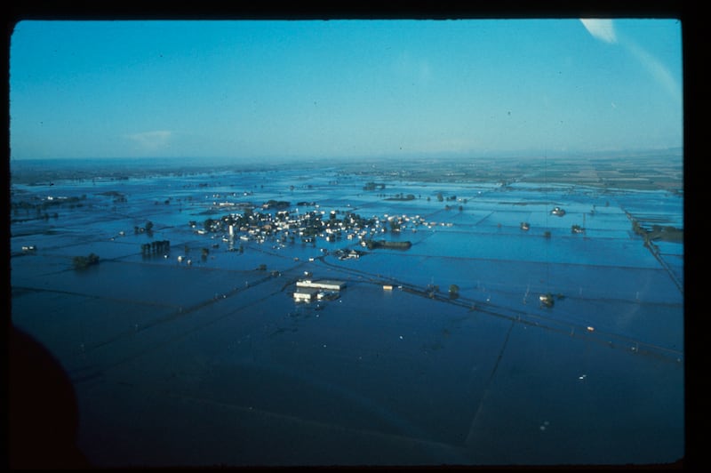 An aerial photo of the flooding caused by the collapse of the Teton Dam in June 1976.