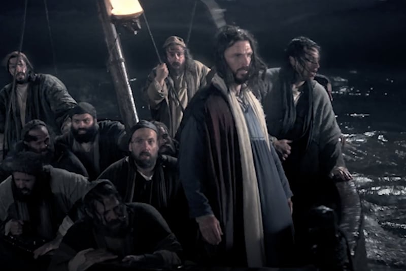 In this screenshot from the Bible Videos, the Savior calmed the rough seas when His Apostles feared for their lives.