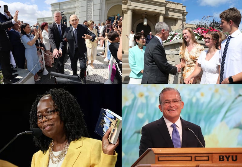 Clockwise from top left: President Dallin H. Oaks of The Church of Jesus Christ of Latter-day Saints and his wife, Sister Kristen M. Oaks, leave the Belo Horizonte Brazil Temple after its dedication in Belo Horizonte, Brazil, on Sunday, Aug. 16, 2026; Elder David A. Bednar of the Quorum of the Twelve Apostles and his wife, Sister Susan Bednar, talk with Nicole Sender about the message she shared during the dedication ceremony of the Cleveland Ohio Temple in Independence, Ohio, on Sunday, Aug. 16, 2026; Elder Patrick Kearon of the Quorum of the Twelve Apostles gives the BYU Education Week devotional in the Marriott Center in Provo, Utah, on Tuesday, Aug. 18, 2026; President Rosemary K. Chibota, Primary general president, holds up a copy of the Book of Mormon as she speaks during a devotional at the Provo Missionary Training Center in Provo, Utah, Tuesday, Aug. 18, 2026.