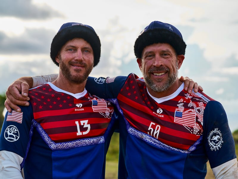 John Forsgren, right, puts his around around U.S. teammate Brian Ewell. They competed in Kok-Boru together at the sixth World Nomad Games, held Aug. 31 to Sept. 6, 2026, in Bishkek and Cholpon-Ata, Kyrgyzstan.