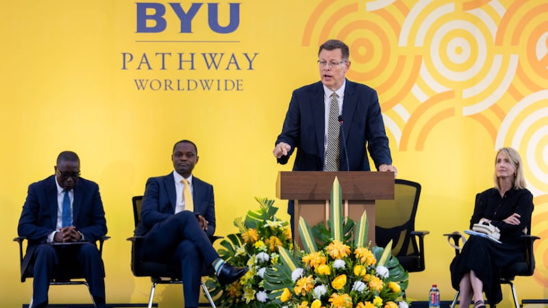 Elder Clark G. Gilbert of the Quorum of the Twelve Apostles speaks to BYU–Pathway students during a devotional in Accra, Ghana, on Friday, Aug. 28, 2026.