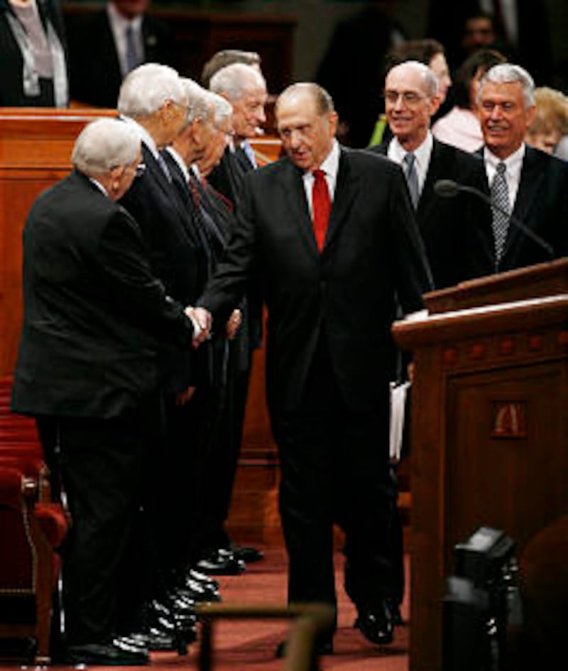 President Thomas S. Monson, accompanied by his counselors, President Henry B. Eyring and President D