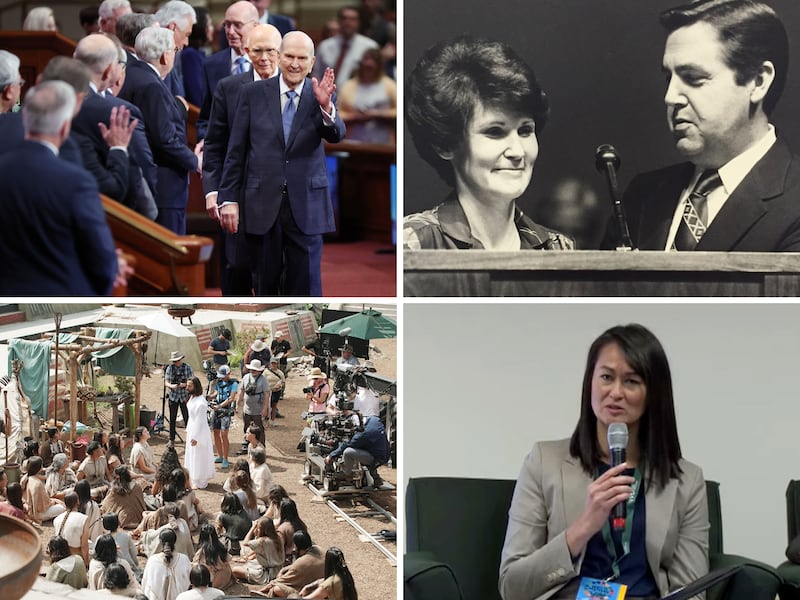Clockwise from top left, President Russell M. Nelson waves to the Saturday morning session of the 192nd Semiannual General Conference on Oct. 1, 2022; Elder Holland, left, then president of BYU, and speaks with Sister Patricia Holland who was was called to the Young Women general presidency; Sister Kristin M. Yee, second counselor in the Relief Society general presidency, participates in a panel; Church’s production of the fourth season of Book of Mormon Videos is filmed.