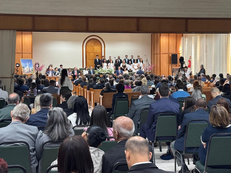 A choir sings the hymn “Cantando Louvamos,” or “Redeemer of Israel” in English, at the groundbreaking ceremony for the Santos Brazil Temple on Saturday, Aug. 1, 2026, in Santos, Brazil.