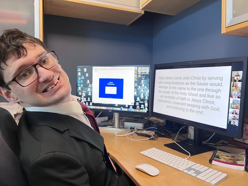 Elder Nathan Smith of the Nottingham Ward in the Sherwood Park Alberta Stake joins a video conference during his online missionary training in Sherwood Park, Alberta, Canada, Jan. 12, 2026.