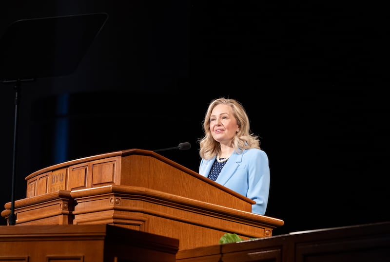 Sister Jennifer E. Meredith speaks to BYU–Idaho students during the first campus devotional of the semester, Jan. 13, 2026, in Rexburg, Idaho.
