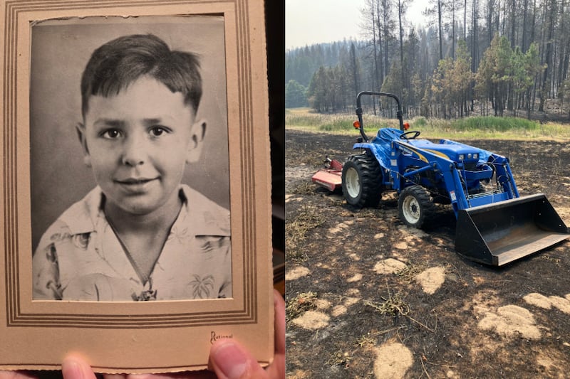 On the left, a childhood photo of Andrea Abeyta's father, Corn Abeyta, that she saved from his home before it was destroyed in one of the Spokane wildfires earlier in August. On the right, her late father's tractor survived the fire unscathed.