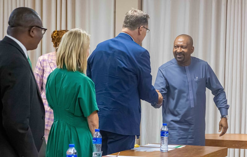Elder Clark G. Gilbert of the Quorum of the Twelve Apostles greets Sierra Leone Vice President Mohamed Juldeh Jalloh in Freetown, Sierra Leone, on Wednesday, Aug. 26, 2026.
