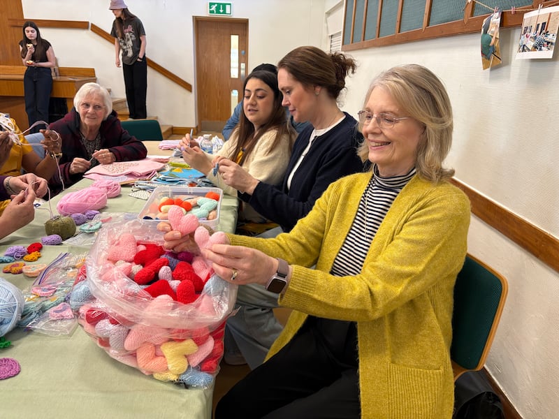 The Milton Keynes Ward Relief Society makes knitted hearts for the neonatal unit of Milton Keynes hospital during a day of service in Northampton, England, March 14, 2026.