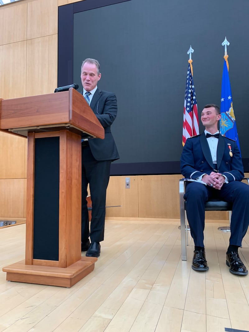 Elder Edward B. Rowe speaks in Polaris Hall at the USAFA campus in Colorado Springs, Colorado, Sunday, May 24, 2026.