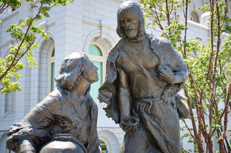 A new statue titled “Jesus Christ with the Woman at the Well” is shown on Temple Square on Wednesday, July 15, 2026.