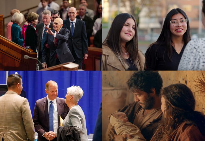Clockwise from top left: President Dallin H. Oaks, first counselor in the First Presidency of The Church of Jesus Christ of Latter-day Saints, and President Henry B. Eyring, second counselor in the First Presidency, walk onto the rostrum prior to the Saturday afternoon session of the 195th Annual General Conference of The Church of Jesus Christ of Latter-day Saints, at the Conference Center in Salt Lake City on Saturday, April 5, 2025; Two missionaries in the Chile Viña del Mar Mission talk to someone on Thursday, June 12, 2025; Joseph sits next to Mary while he holds baby Jesus after His birth; Elder Gary E. Stevenson of the Quorum of the Twelve Apostles greets city leaders from around the country during the National League of Cities Summit at the Salt Palace Convention Center in Salt Lake City on Wednesday, Nov. 19, 2025.