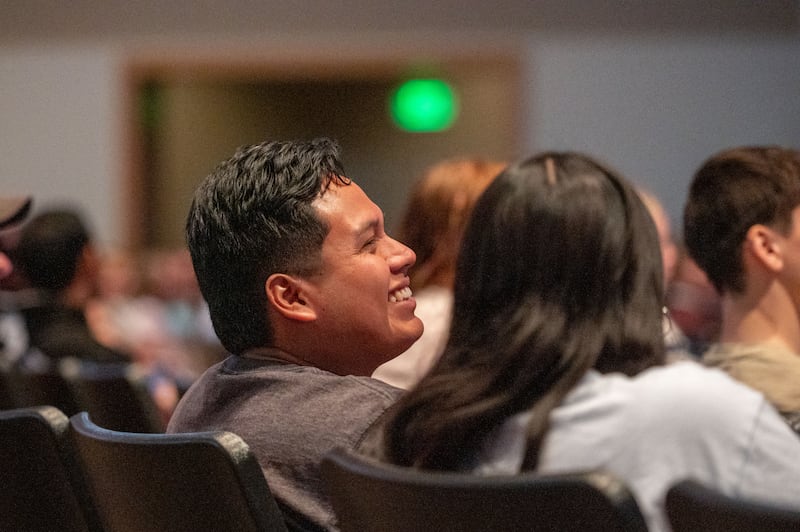 Brigham Young University–Idaho students listen at a campus devotional with President Alvin F. Meredith III and his wife, Sister Jennifer Meredith, on Tuesday, April 21, 2026, in Rexburg, Idaho.