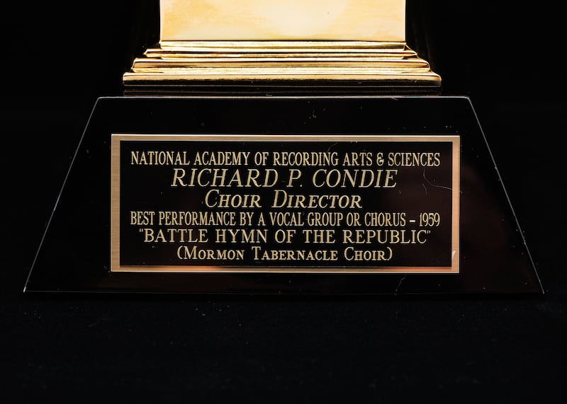The Grammy Award, which looks like a vintage gramophone, notes it was presented to Richard P. Condie for the Tabernacle Choir at Temple's Square recording of "Battle Hymn of the Republic."