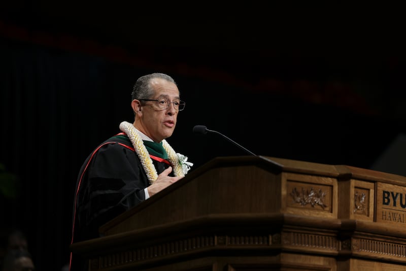 Elder Hugo E. Martinez, a General Authority Seventy, speaks during BYU–Hawaii commencement held in the Cannon Activities Center in Laie, Hawaii, on Friday, Dec. 12, 2025.