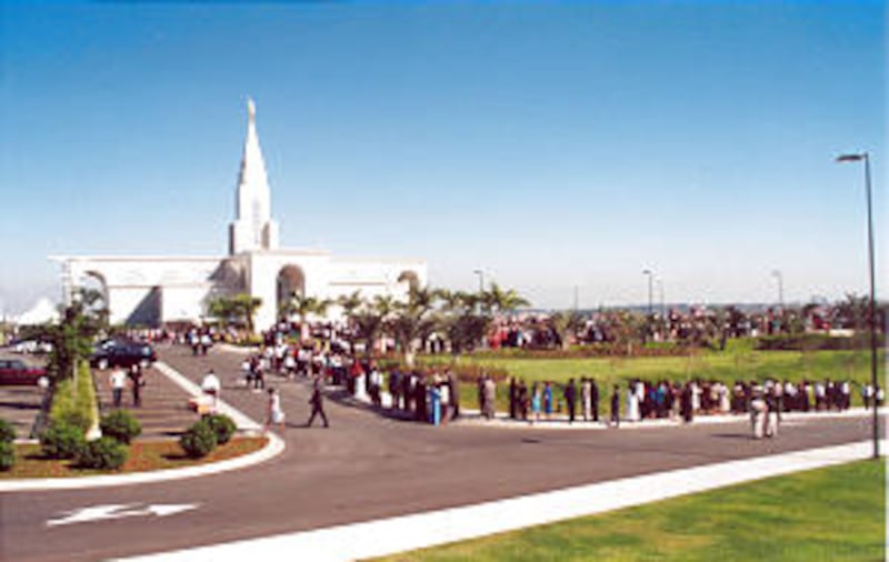 Members assemble in the beauty of morning light to attend Campinas Brazil Temple dedication.