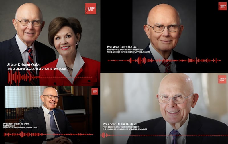 A collage of four photos of President and Sister Oaks from the Church News podcast.