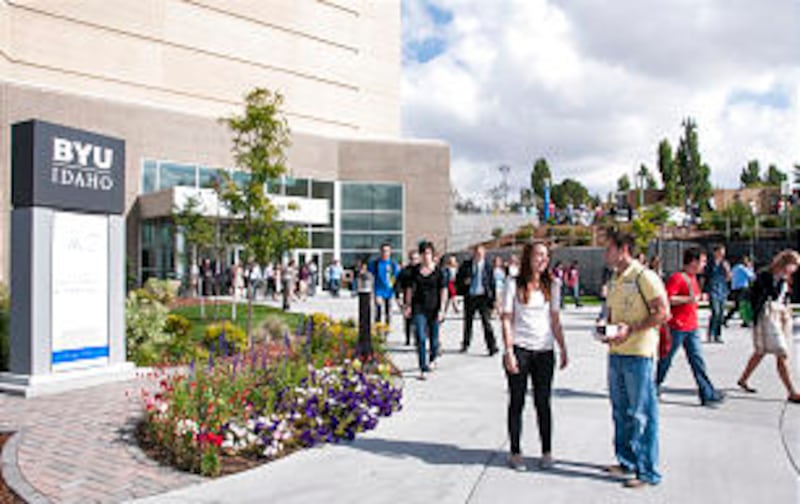 Students exit the BYU-Idaho Center on the BYU-Idaho campus after attending a campus devotional. The