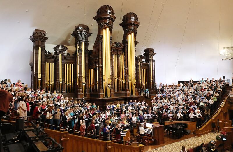 The Tabernacle Choir at Temple Square rehearse in Salt Lake City on Thursday, April 11, 2019. Four people were selected through social media to sing with the choir.