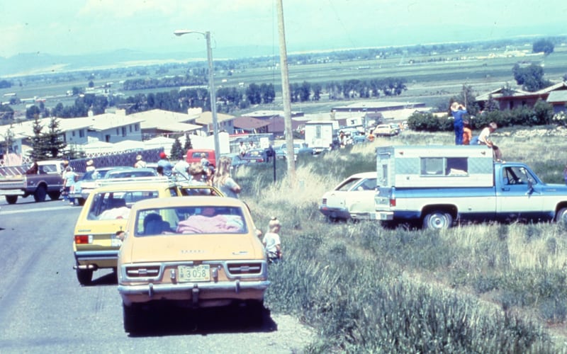 Residents in Rexburg, Idaho, and nearby communities evacuate to the hill above Ricks College as flood waters approach from the breach in the Teton Dam on June 5, 1976.