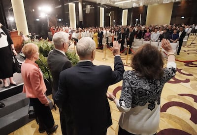 President Russell M. Nelson of The Church of Jesus Christ of Latter-day Saints, and his wife, Sister Wendy Nelson, and Elder D. Todd Christofferson of the Quorum of the Twelve Apostles and his wife, Sister Sister Kathy Christofferson, wave to attendees after a devotional in Hanoi, Vietnam, on Sunday, Nov. 17, 2019.