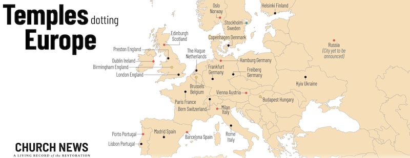 Map shows locations and statuses of temples of The Church of Jesus Christ of Latter-day Saints in Europe as of March 2026.