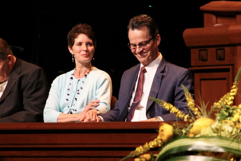 Elder Bowen sits with his wife, Sister Lynette Bowen, prior to his May 28, 2019, LDS Business College devotional address at the Conference Center Theater.