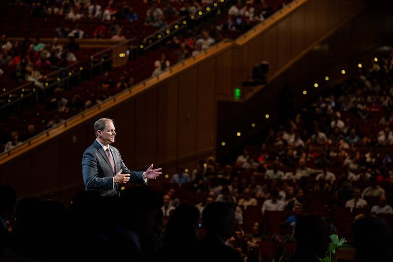 Elder Mark A. Bragg speaks to BYU–Idaho students in the I-Center in Rexburg, Idaho, Tuesday, June 2, 2026.