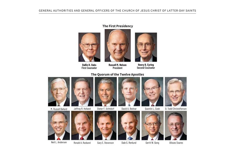 A chart of the General Authorities and general auxiliary leaders of the Church as of October 2018.