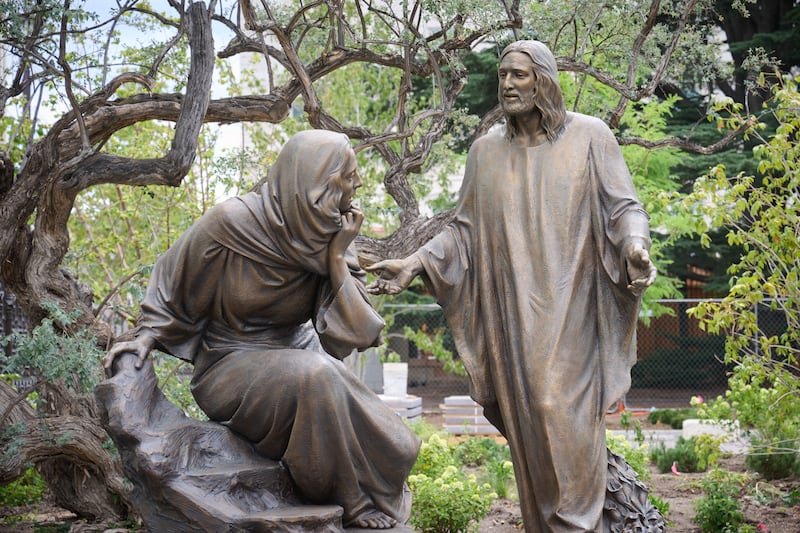 The statue "Jesus Christ and Mary at the Tomb" was installed at Temple Square in Salt Lake City, Utah, on July 16, 2026.