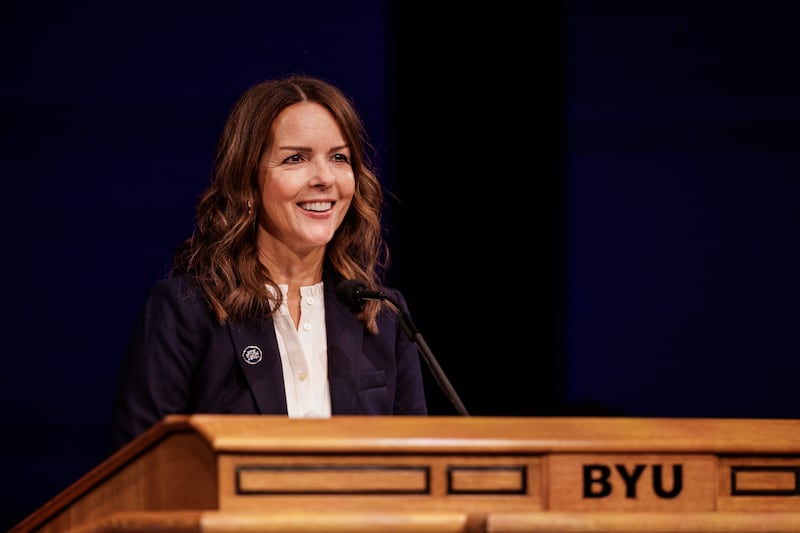 Sister Wendy Reese, wife of Brigham Young University President C. Shane Reese, speaks during the winter semester opening devotional on Tuesday, Jan. 13, 2026, at the school's campus in Provo, Utah.